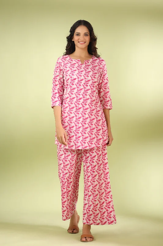 women's pajamas for a cozy night inPink Vine On White Cotton Palazzo Loungewear Set