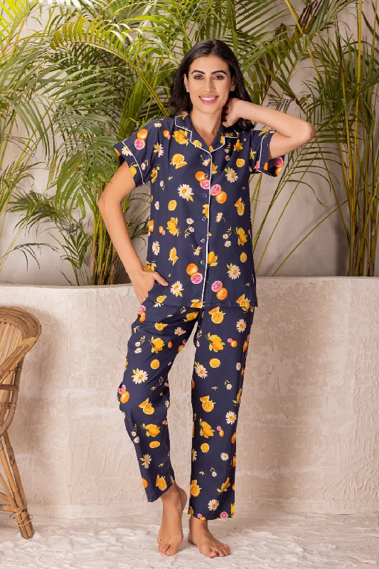 women's pajamas for all-night comfortPrinted classic collar Night suit