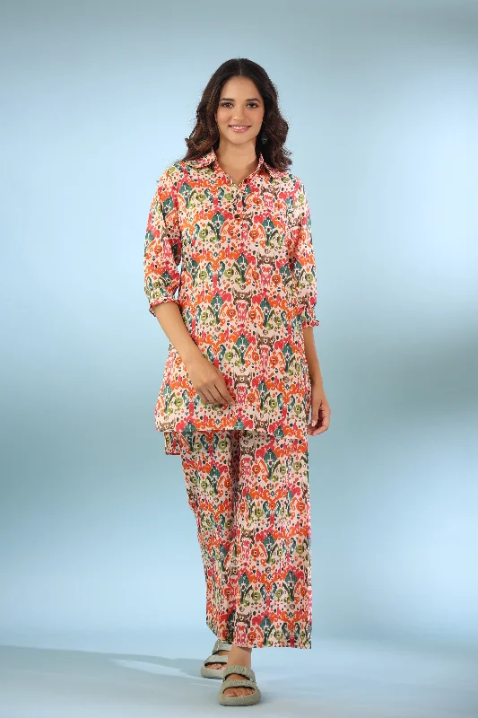 women's pajamas for those who love to dreamTraditional Ikat on Collared Cotton Palazzo Loungewear Set