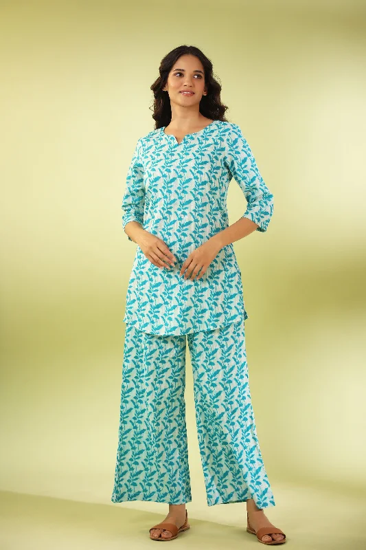 women's pajamas with button-flyTurquoise  Vine on White Cotton Loungewear Set