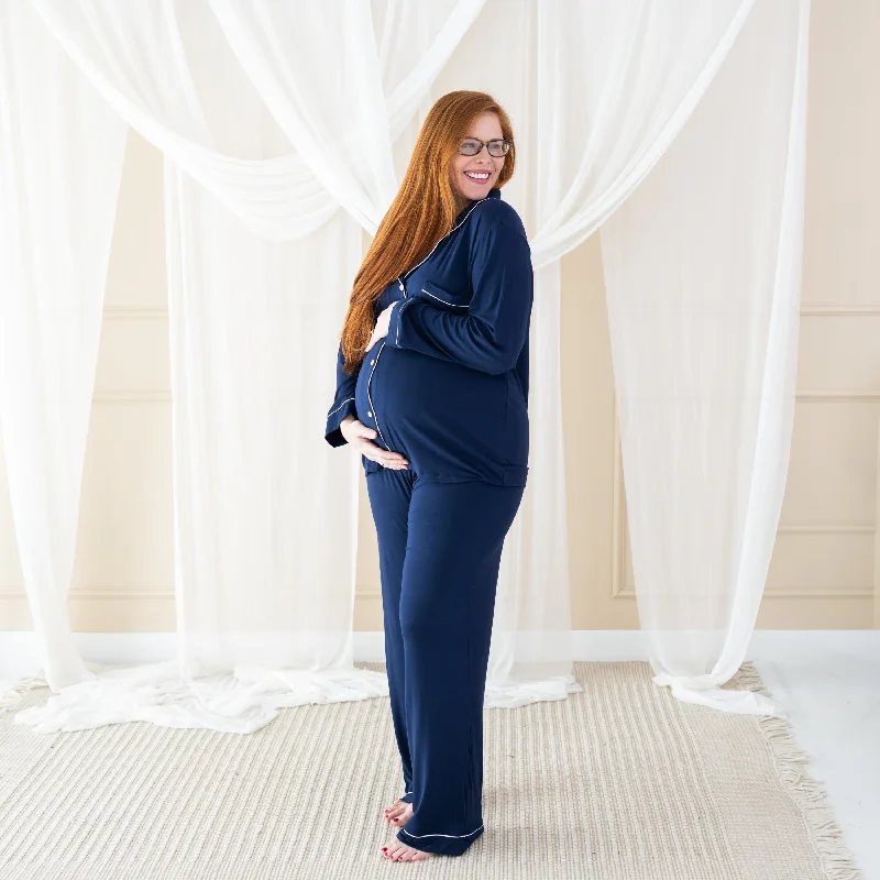 women's pajamas with an adjustable necklineWomen's Long Sleeve Pajama Set in Navy with Cloud Trim