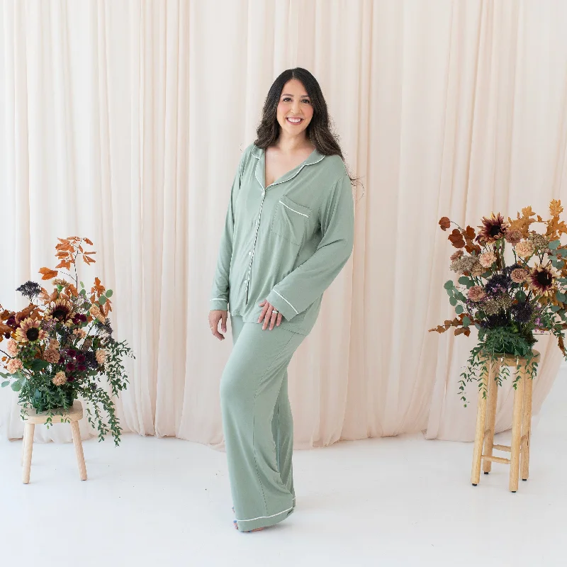 women's pajamas with built-in shortsWomen's Long Sleeve Pajama Set in Thyme with Cloud Trim